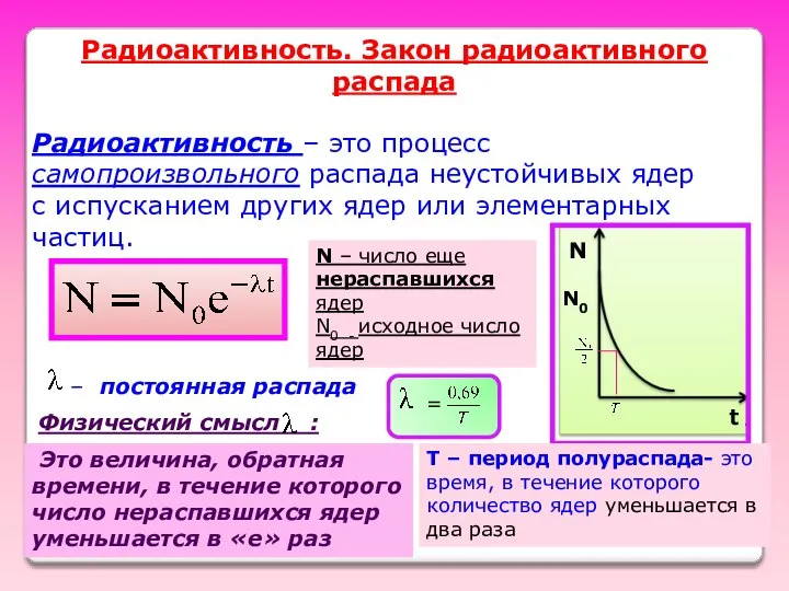 Радиоактивность. Закон радиоактивного распада – постоянная распада Физический смысл : Это