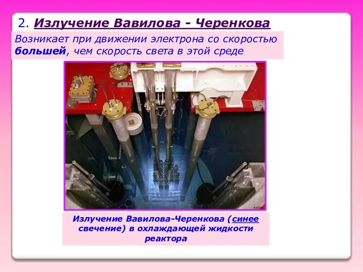 2. Излучение Вавилова - Черенкова Возникает при движении электрона со скоростью