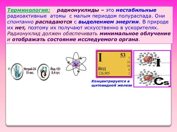 Терминология: радионуклиды – это нестабильные радиоактивные атомы с малым периодом полураспада.