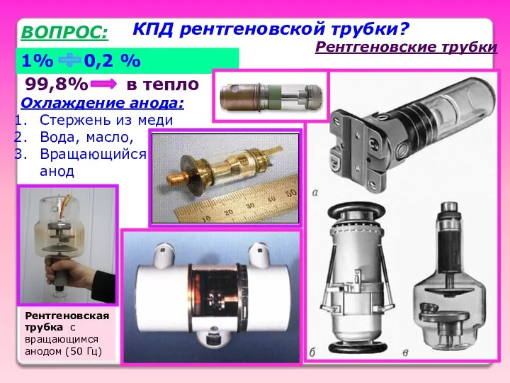 ВОПРОС: КПД рентгеновской трубки? 1% 0,2 % 99,8% - в тепло