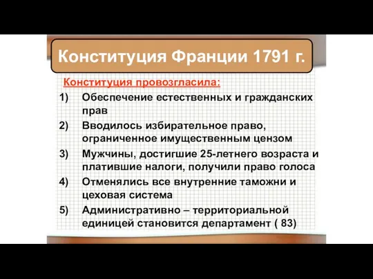 Конституция провозгласила: Обеспечение естественных и гражданских прав Вводилось избирательное право, ограниченное