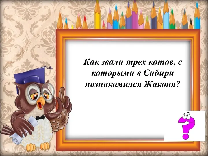 Как звали трех котов, с которыми в Сибири познакомился Жаконя?