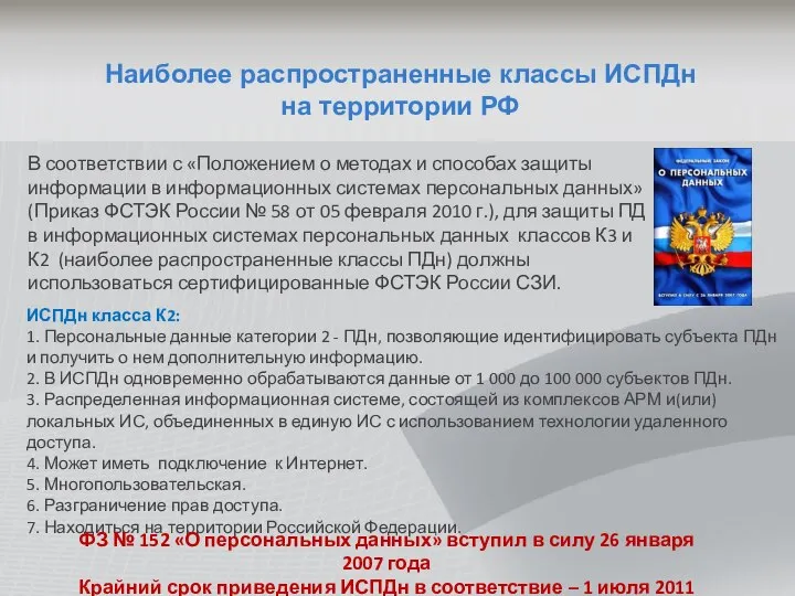 Наиболее распространенные классы ИСПДн на территории РФ В соответствии с «Положением