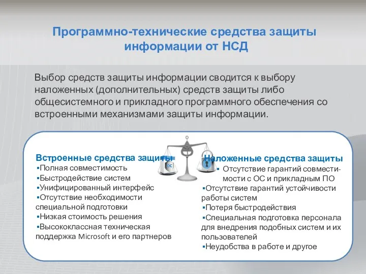 Программно-технические средства защиты информации от НСД Встроенные средства защиты Полная совместимость