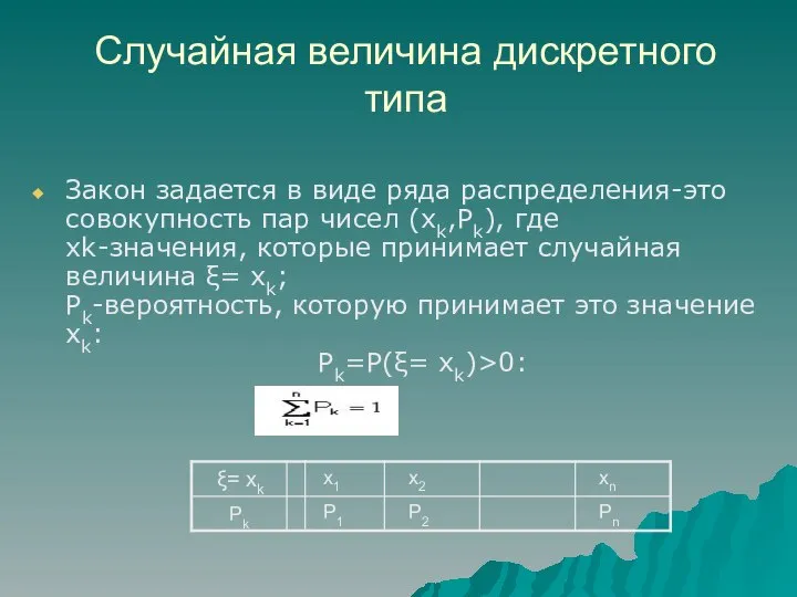 Случайная величина дискретного типа Закон задается в виде ряда распределения-это совокупность