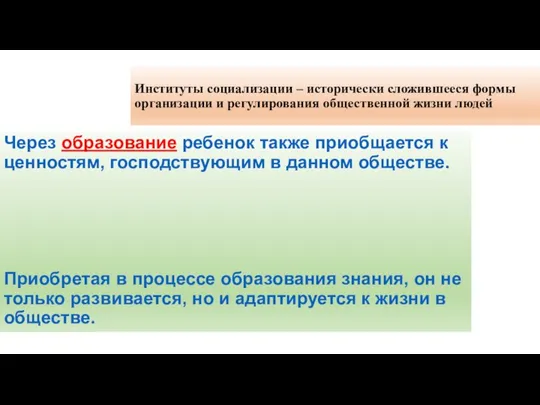 Институты социализации – исторически сложившееся формы организации и регулирования общественной жизни