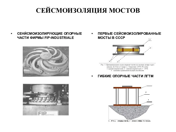 СЕЙСМОИЗОЛЯЦИЯ МОСТОВ СЕНЙСМОИЗОЛИРУЮЩИЕ ОПОРНЫЕ ЧАСТИ ФИРМЫ FIP-INDUSTRIALE ПЕРВЫЕ СЕЙСМОИЗОЛИРОВАННЫЕ МОСТЫ В СССР ГИБКИЕ ОПОРНЫЕ ЧАСТИ ЛГТМ