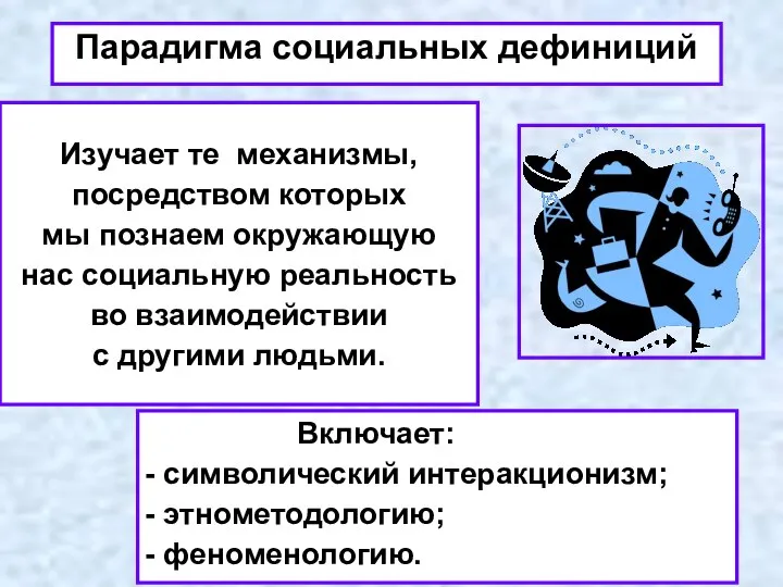 Парадигма социальных дефиниций Включает: - символический интеракционизм; - этнометодологию; - феноменологию.