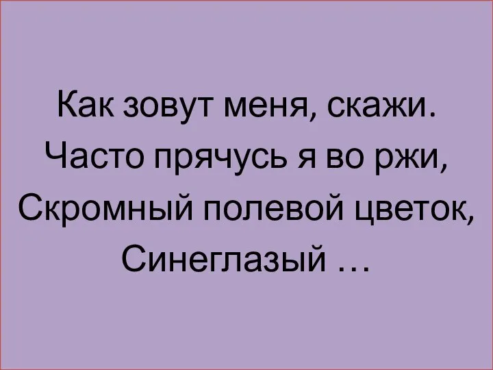 Как зовут меня, скажи. Часто прячусь я во ржи, Скромный полевой цветок, Синеглазый …