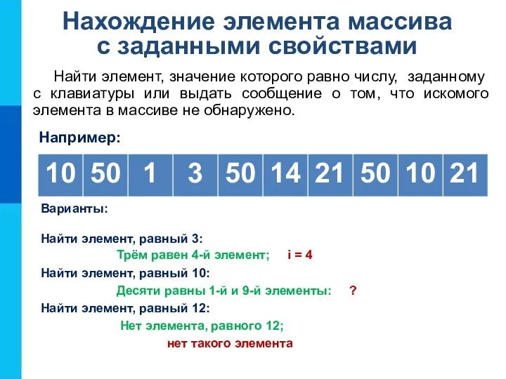 Нахождение элемента массива с заданными свойствами Найти элемент, значение которого равно