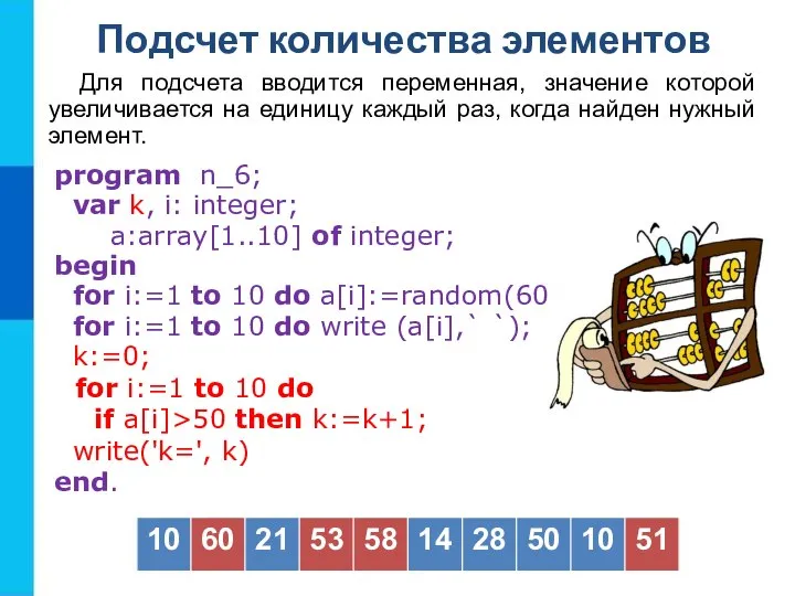 Подсчет количества элементов Для подсчета вводится переменная, значение которой увеличивается на