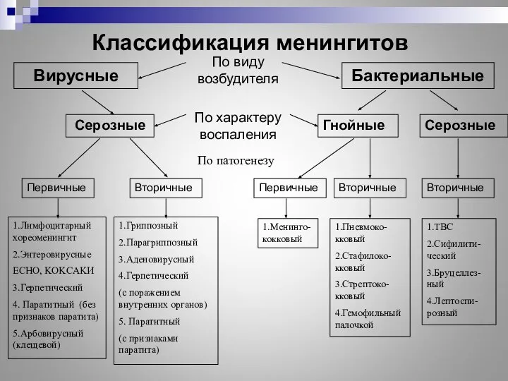 Классификация менингитов По виду возбудителя По характеру воспаления По патогенезу 1.Лимфоцитарный