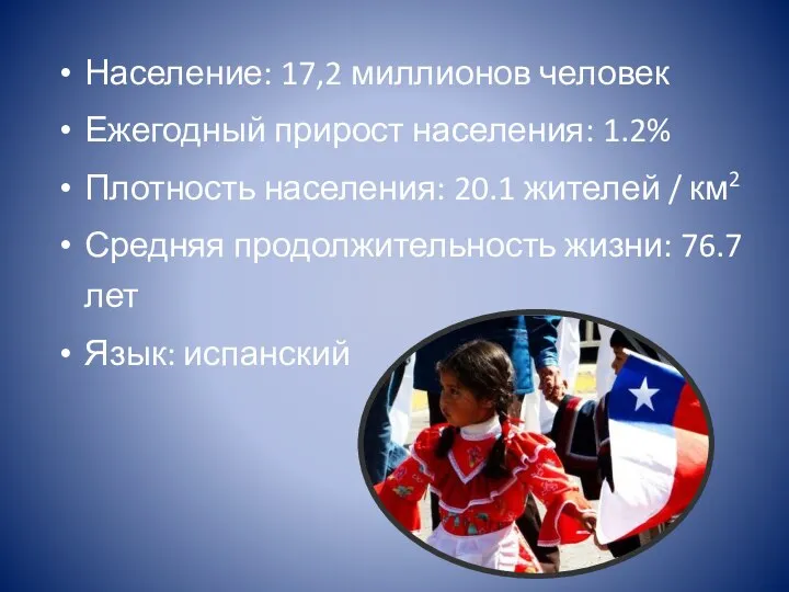 Население: 17,2 миллионов человек Ежегодный прирост населения: 1.2% Плотность населения: 20.1