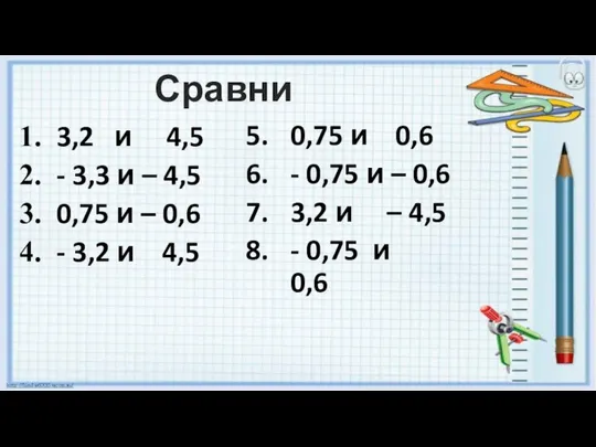 Сравни 3,2 и 4,5 - 3,3 и – 4,5 0,75 и