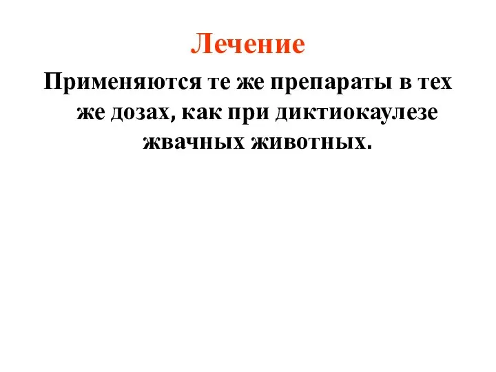 Лечение Применяются те же препараты в тех же дозах, как при диктиокаулезе жвачных животных.