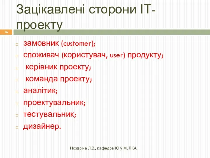 Зацікавлені сторони ІТ-проекту Ноздріна Л.В., кафедра ІС у М, ЛКА замовник