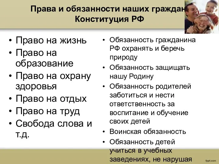 Права и обязанности наших граждан. Конституция РФ Право на жизнь Право