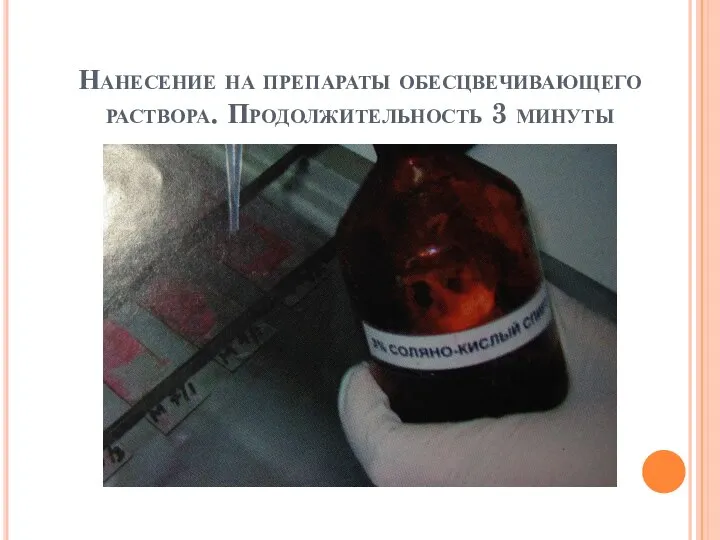 Нанесение на препараты обесцвечивающего раствора. Продолжительность 3 минуты