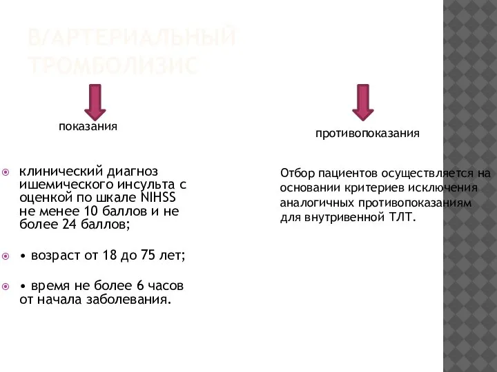 В/АРТЕРИАЛЬНЫЙ ТРОМБОЛИЗИС клинический диагноз ишемического инсульта с оценкой по шкале NIHSS