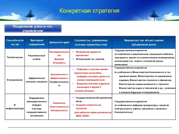 Разделение роли в гос. управлении Конкретная стратегия