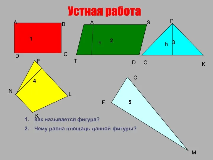 Устная работа Как называется фигура? Чему равна площадь данной фигуры? 1