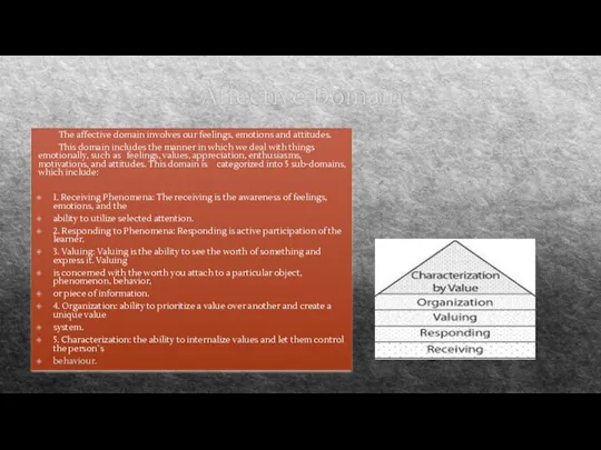 Affective Domain The affective domain involves our feelings, emotions and attitudes.