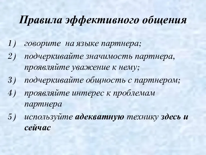 Правила эффективного общения говорите на языке партнера; подчеркивайте значимость партнера, проявляйте