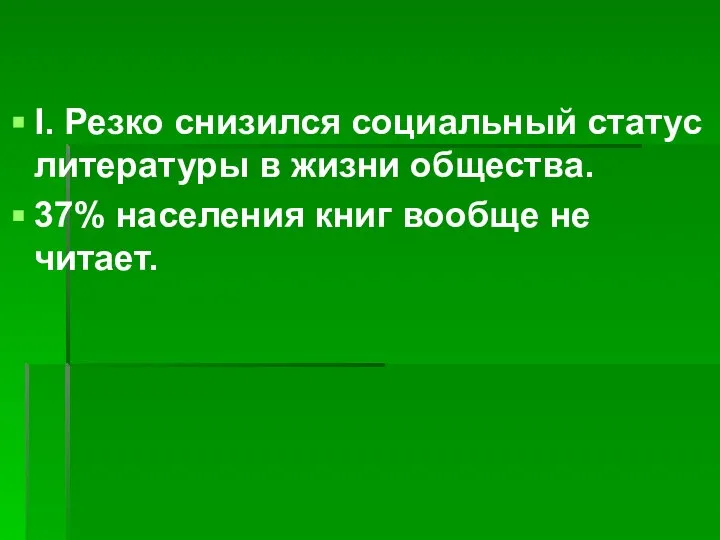 I. Резко снизился социальный статус литературы в жизни общества. 37% населения книг вообще не читает.