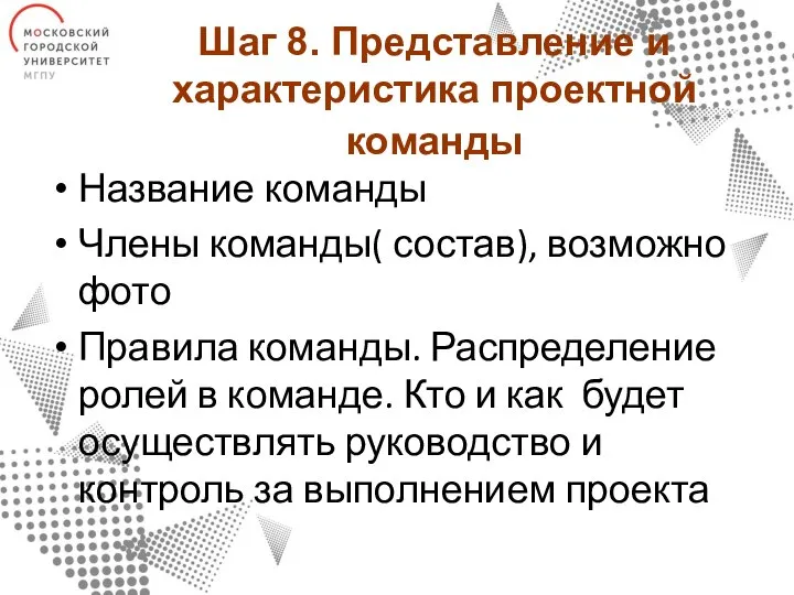 Шаг 8. Представление и характеристика проектной команды Название команды Члены команды(