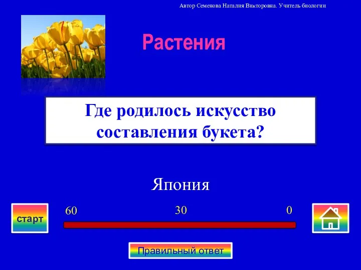 Япония Где родилось искусство составления букета? Растения 0 30 60 старт