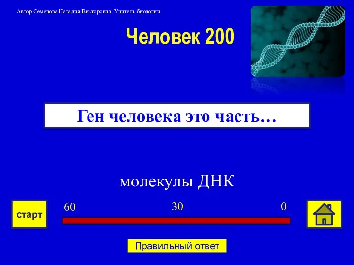 молекулы ДНК Ген человека это часть… Человек 200 0 30 60