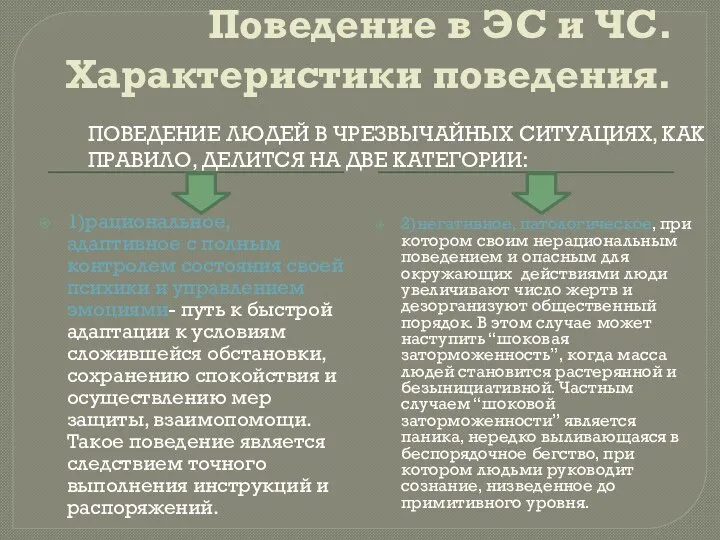 Поведение в ЭС и ЧС. Характеристики поведения. ПОВЕДЕНИЕ ЛЮДЕЙ В ЧРЕЗВЫЧАЙНЫХ