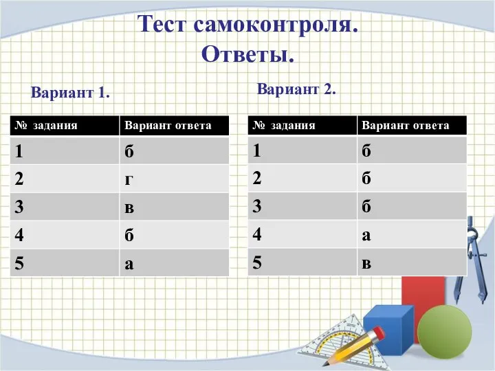 Тест самоконтроля. Ответы. Вариант 1. Вариант 2.