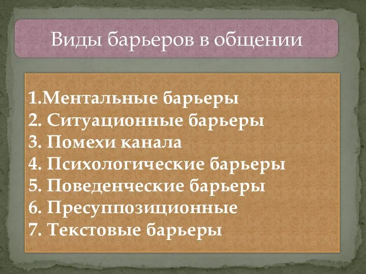 Виды барьеров в общении 1.Ментальные барьеры 2. Ситуационные барьеры 3. Помехи