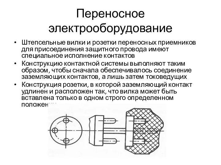 Переносное электрооборудование Штепсельные вилки и розетки переносных приемников для присоединения защитного