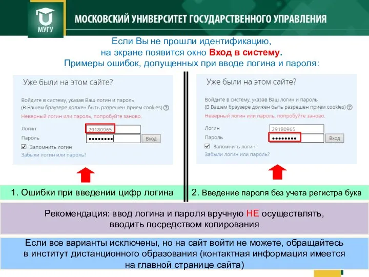 Если Вы не прошли идентификацию, на экране появится окно Вход в