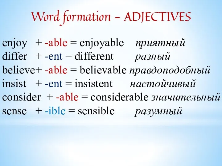 Word formation - ADJECTIVES enjoy + -able = enjoyable приятный differ