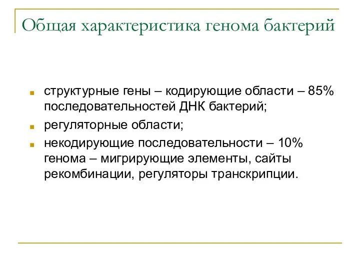 Общая характеристика генома бактерий структурные гены – кодирующие области – 85%