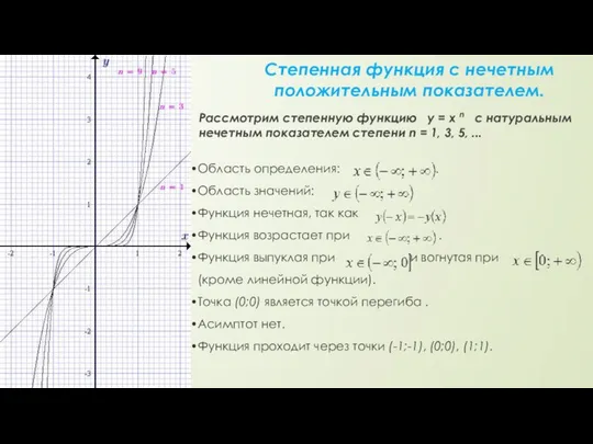 Степенная функция с нечетным положительным показателем. Рассмотрим степенную функцию y =