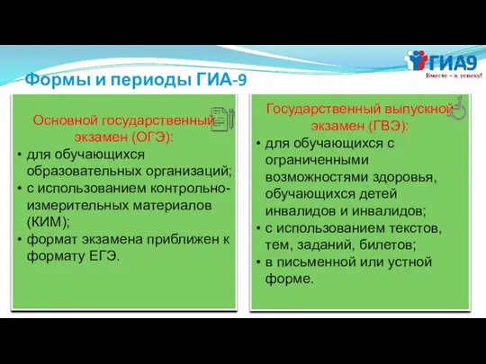 Формы и периоды ГИА-9 Основной государственный экзамен (ОГЭ): для обучающихся образовательных