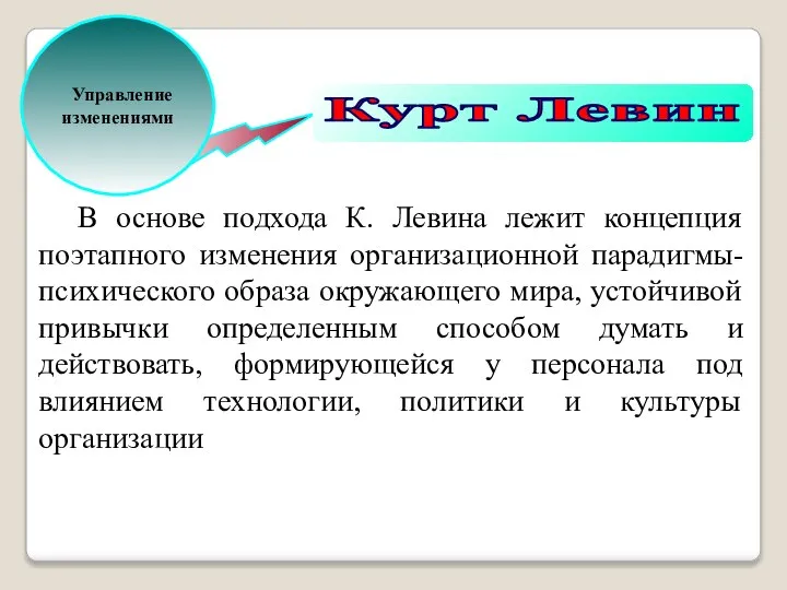 Управление изменениями В основе подхода К. Левина лежит концепция поэтапного изменения