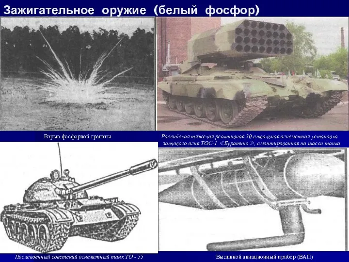 Зажигательное оружие (белый фосфор) Взрыв фосфорной гранаты Российская тяжелая реактивная 30-ствольная