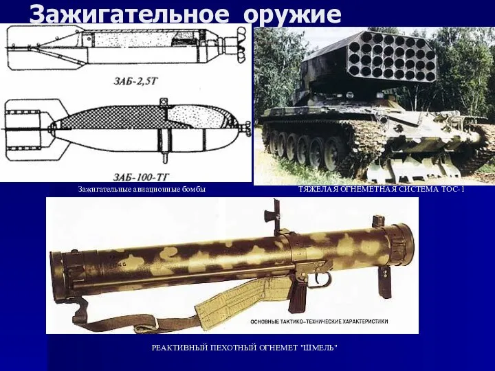 Зажигательное оружие Зажигательные авиационные бомбы ТЯЖЕЛАЯ ОГНЕМЕТНАЯ СИСТЕМА ТОС-1 РЕАКТИВНЫЙ ПЕХОТНЫЙ ОГНЕМЕТ "ШМЕЛЬ"