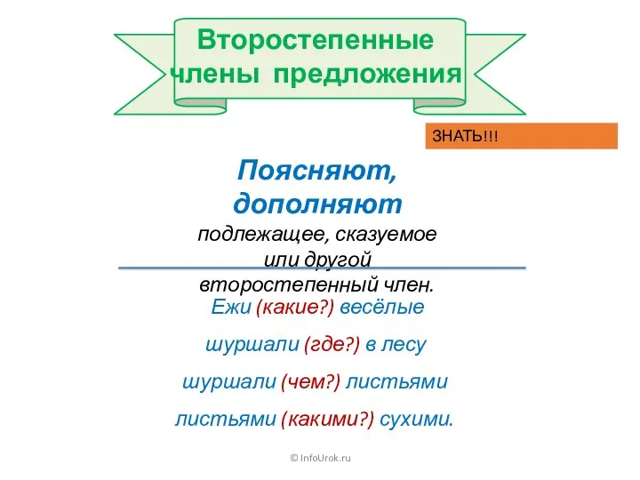 © InfoUrok.ru Поясняют, дополняют подлежащее, сказуемое или другой второстепенный член. Ежи