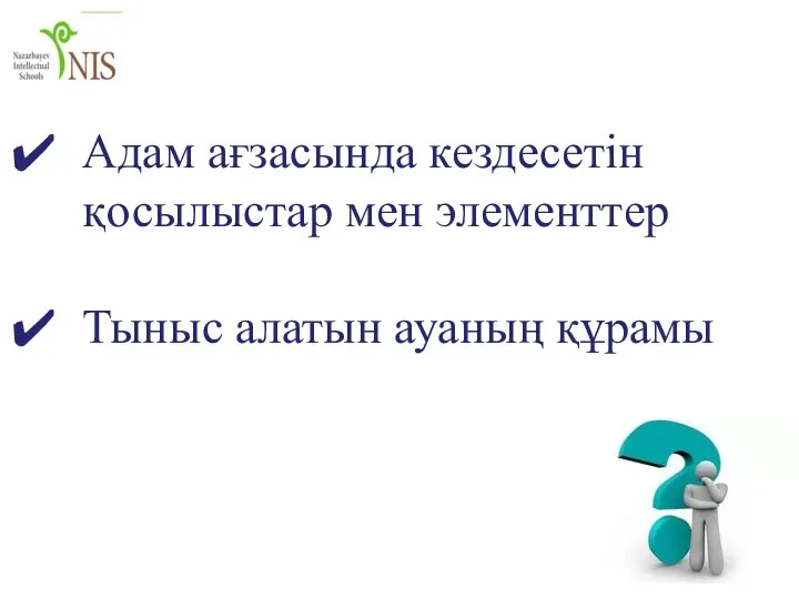 Адам ағзасында кездесетін қосылыстар мен элементтер Тыныс алатын ауаның құрамы