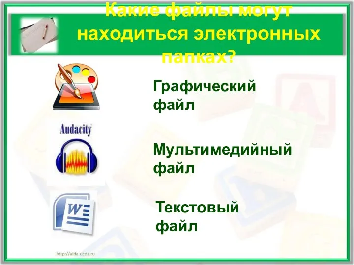 Какие файлы могут находиться электронных папках? Графический файл Мультимедийный файл Текстовый файл