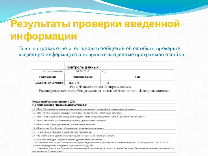 Результаты проверки введенной информации Если в строках отчета есть коды сообщений