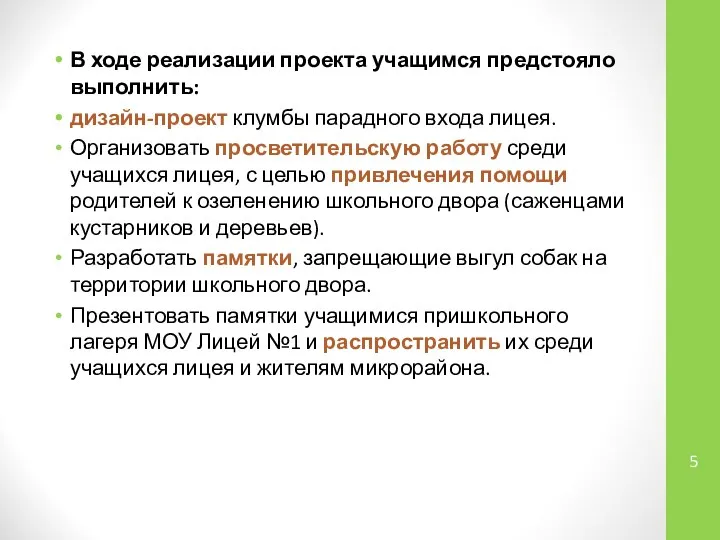 В ходе реализации проекта учащимся предстояло выполнить: дизайн-проект клумбы парадного входа