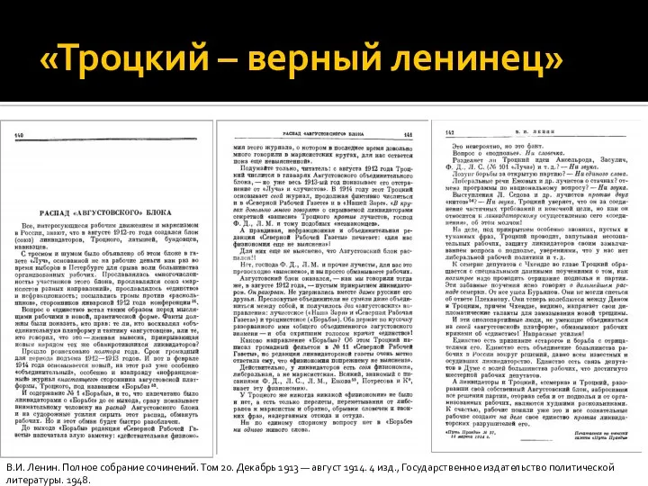 «Троцкий – верный ленинец» В.И. Ленин. Полное собрание сочинений. Том 20.