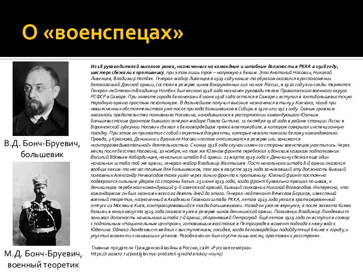 О «военспецах» В.Д. Бонч-Бруевич, большевик М.Д. Бонч-Бруевич, военный теоретик Из 18